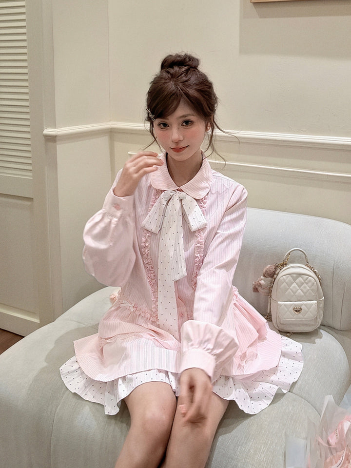 Pink Striped Lace Ruffle Bow Shirt