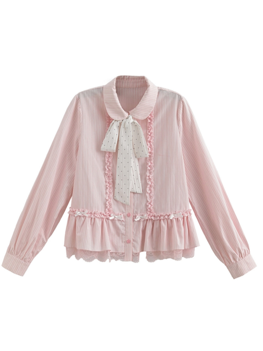 Pink Striped Lace Ruffle Bow Shirt