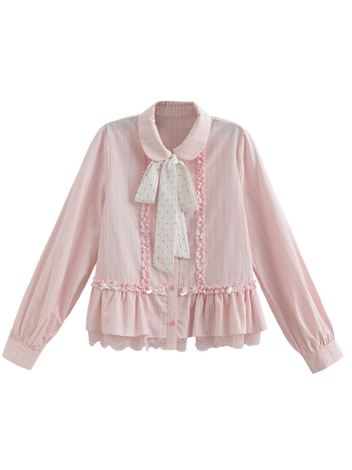 Pink Striped Lace Ruffle Bow Shirt