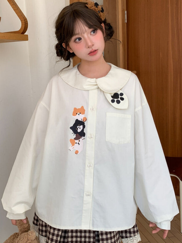 Japanese Cat Print Peter Pan Collar Shirt