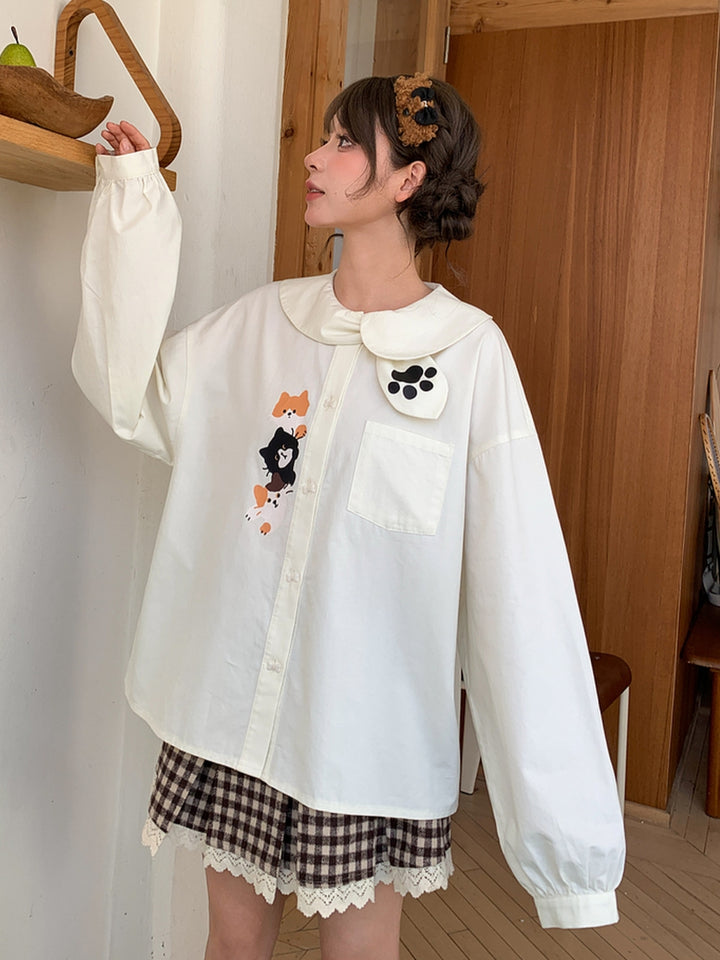 Japanese Cat Print Peter Pan Collar Shirt