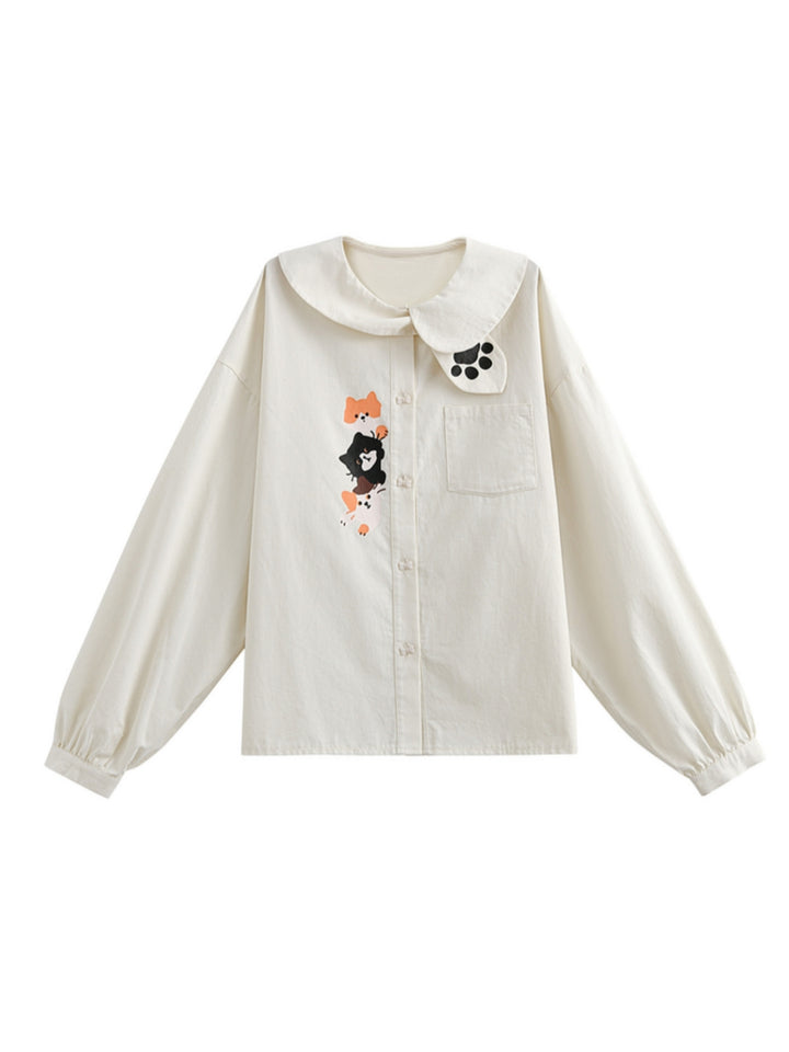 Japanese Cat Print Peter Pan Collar Shirt
