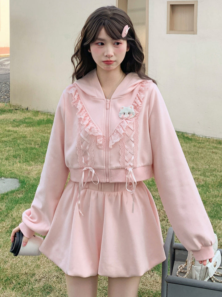 Lace Ruffle Hoodie Bubble Shorts