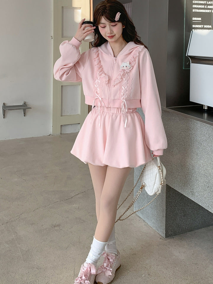 Lace Ruffle Hoodie Bubble Shorts