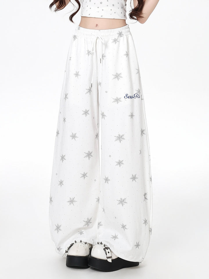 White Snowflake Print Baggy Sweatpants
