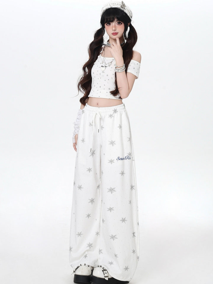 White Snowflake Print Baggy Sweatpants