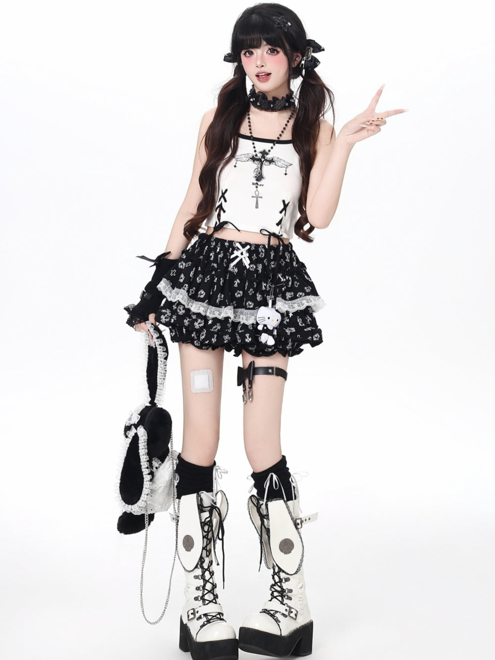 Blue Pink Black Tiered Lace-up Skirt