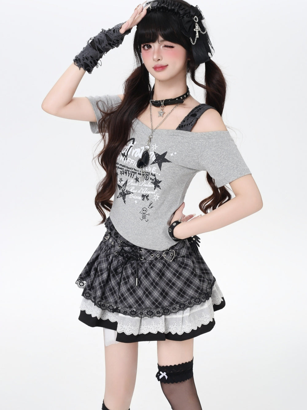 Blue Black Plaid Lace-up Skirt