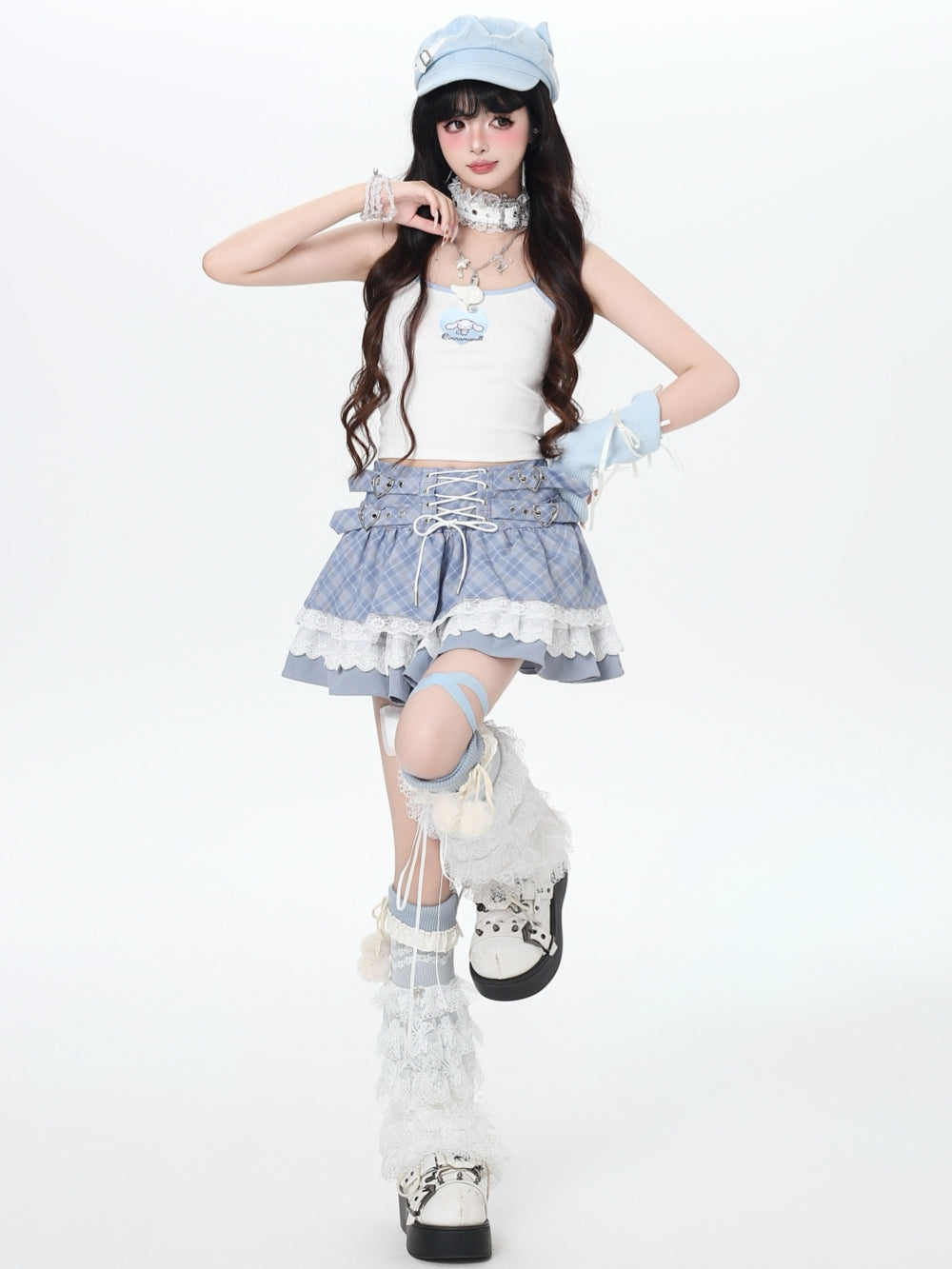 Blue Black Plaid Lace-up Skirt