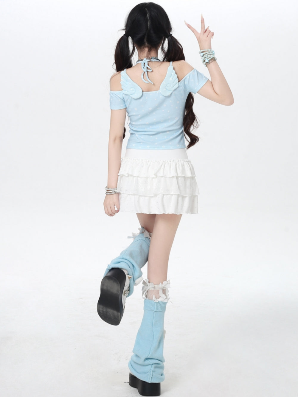 Angel Wings Star Print Cold Shoulder Top