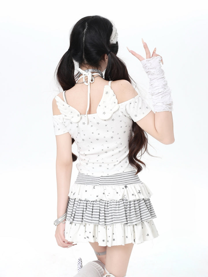 Angel Wings Star Print Cold Shoulder Top