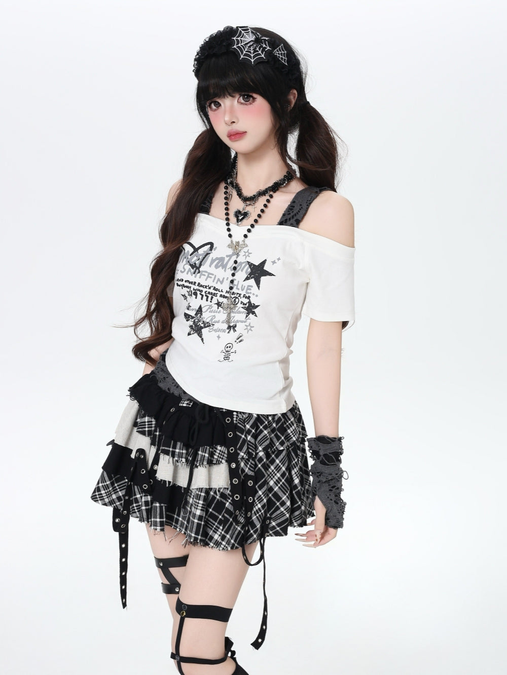 Punk Plaid Deconstructed Grommet Strap Skirt