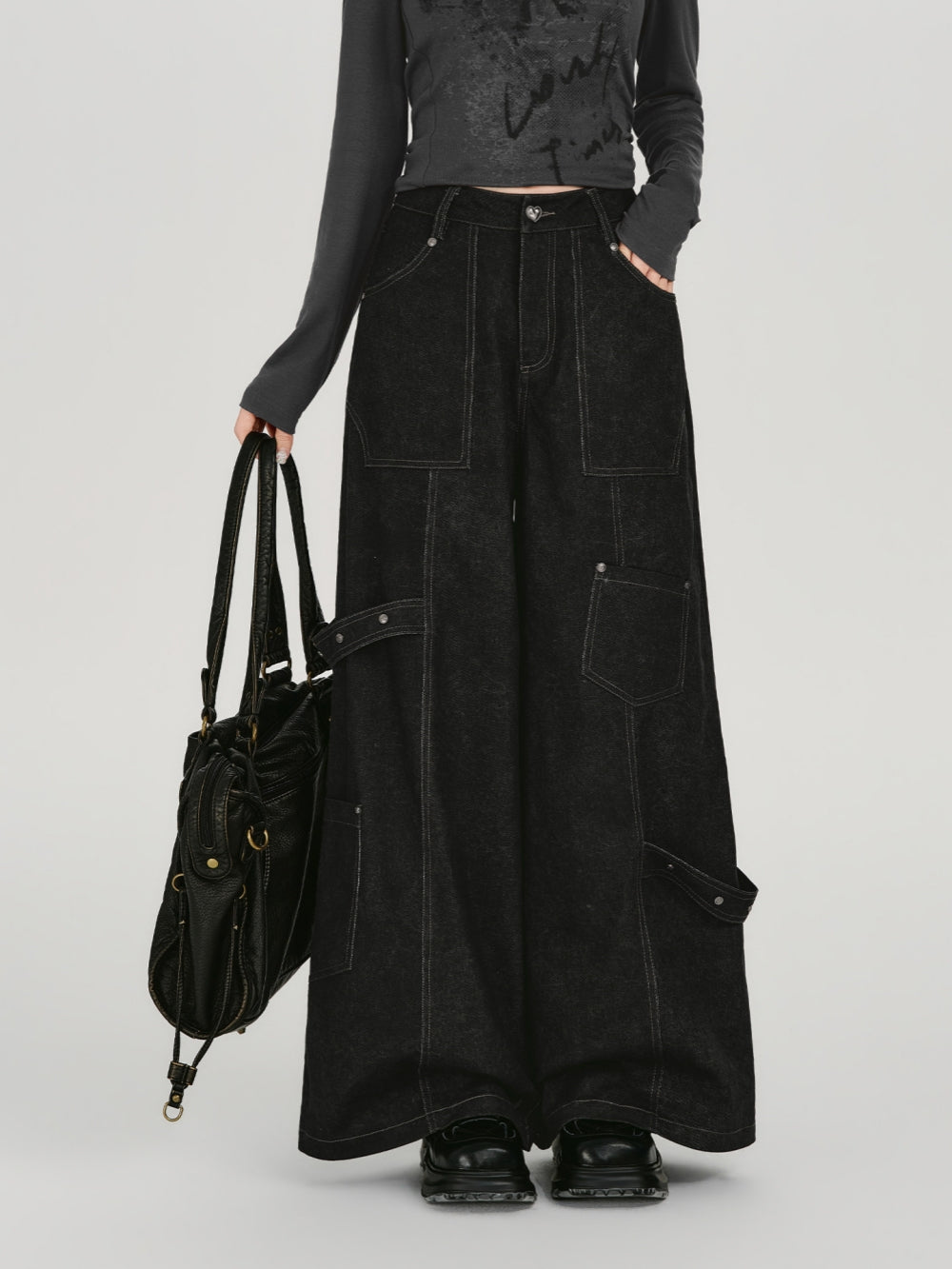 Contrast Stitch Wide Leg Cargo Jeans