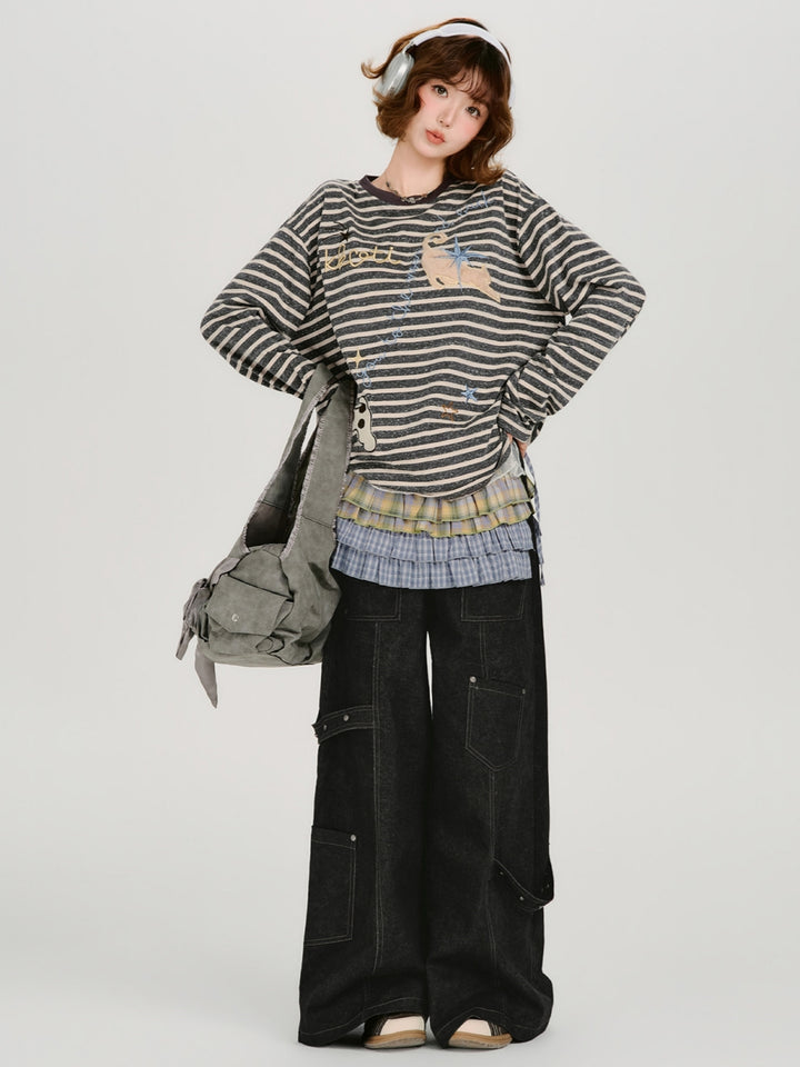 Contrast Stitch Wide Leg Cargo Jeans