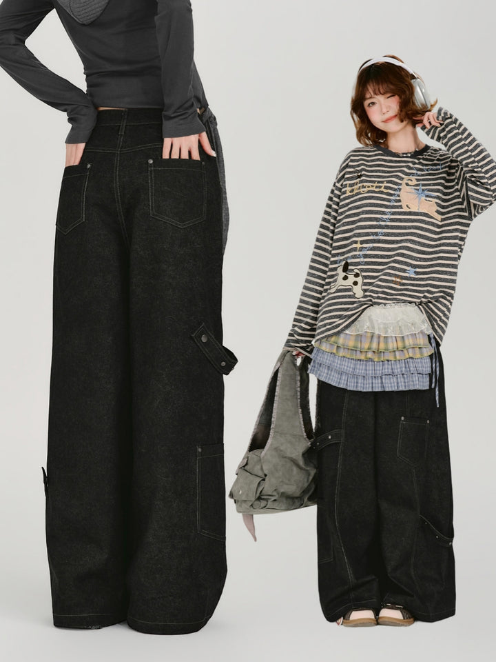 Contrast Stitch Wide Leg Cargo Jeans