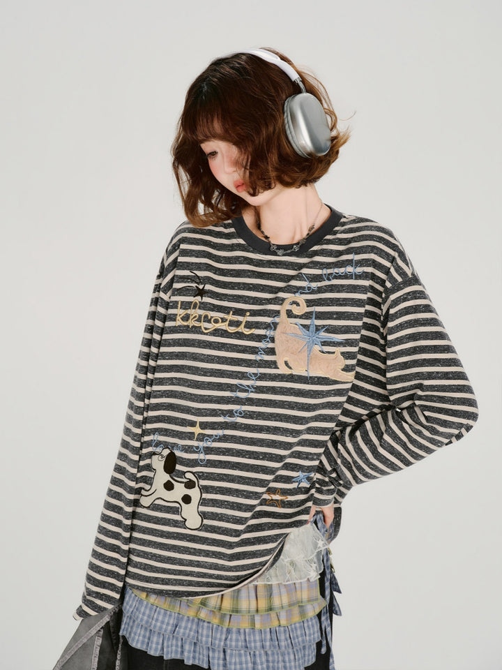 Vintage Striped Embroidered Cartoon Cat Dog Top