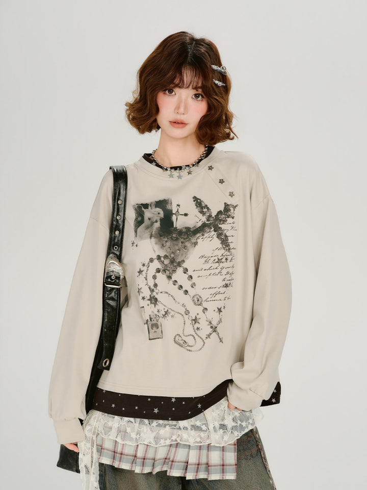 Vintage Cat Embroidered Dark Striped Top