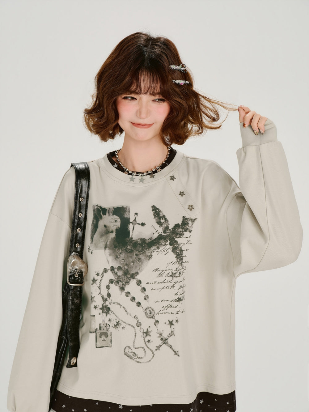 Vintage Cat Embroidered Dark Striped Top