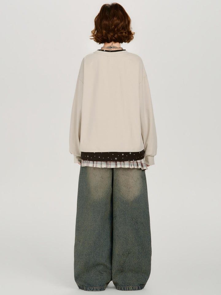 Vintage Cat Embroidered Dark Striped Top