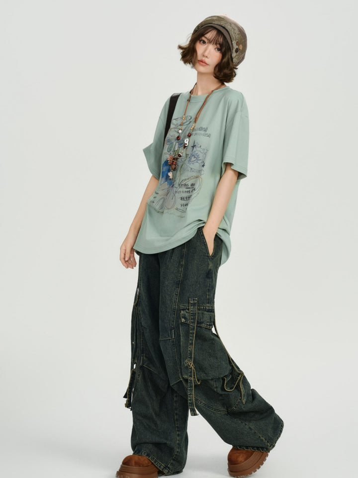 Sage Green Harajuku Hand-Drawn Graphic Tee