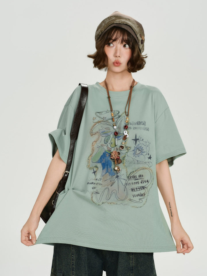 Sage Green Harajuku Hand-Drawn Graphic Tee