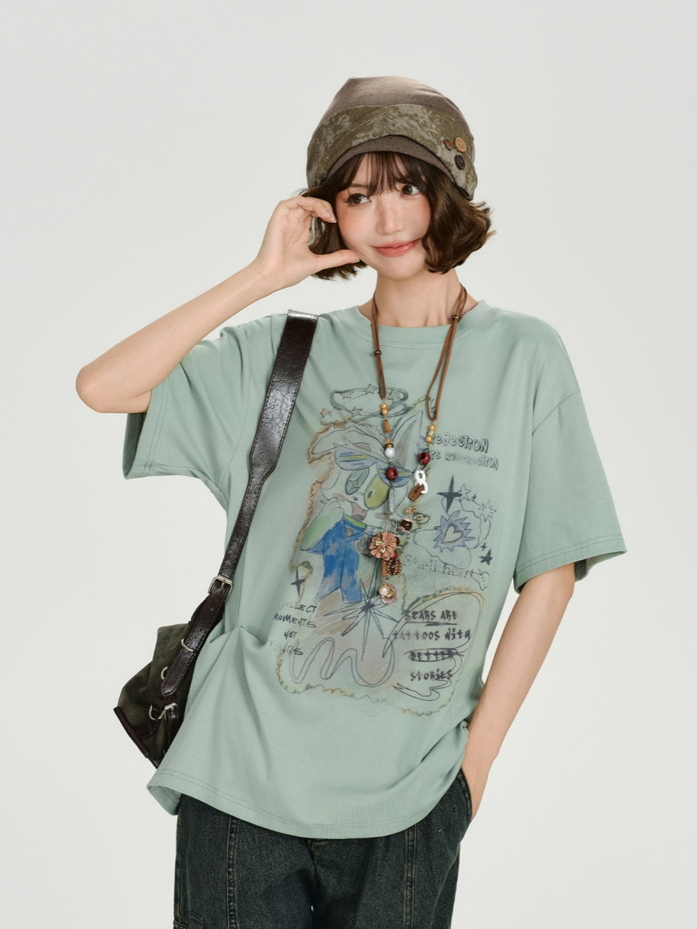Sage Green Harajuku Hand-Drawn Graphic Tee