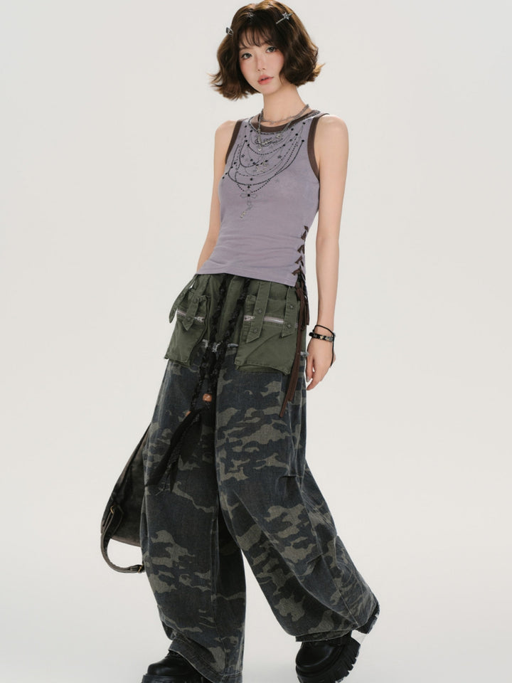 Chained Graphic Side Lace-up Tank