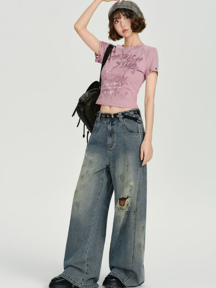 Cherish Time Grunge Graphic Print Tee