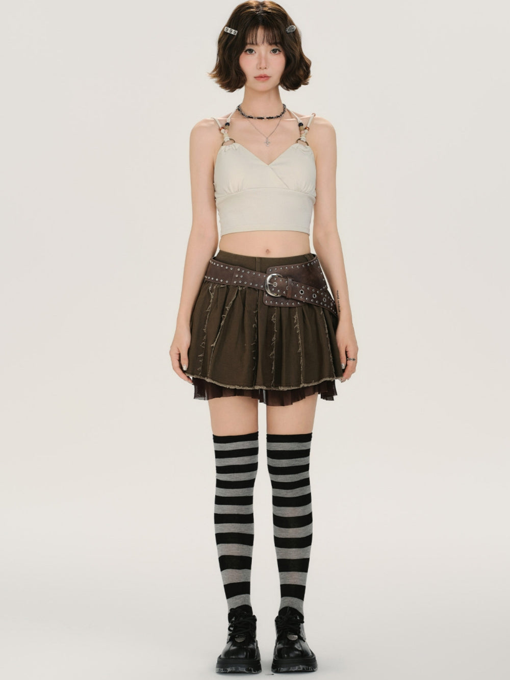 Beaded Strap Ruched V-Neck Crop Top