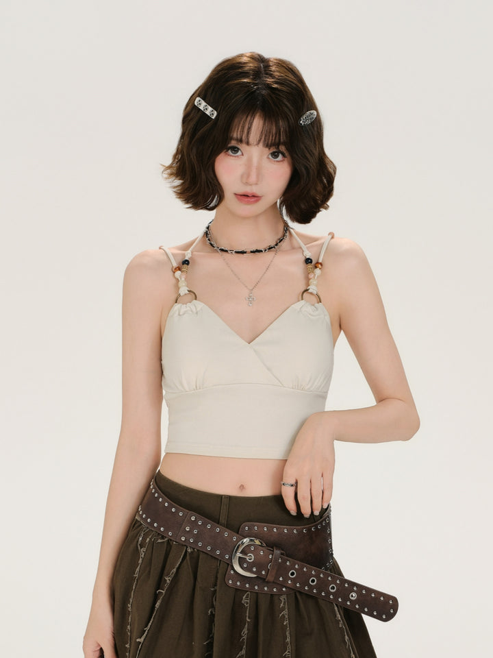Beaded Strap Ruched V-Neck Crop Top