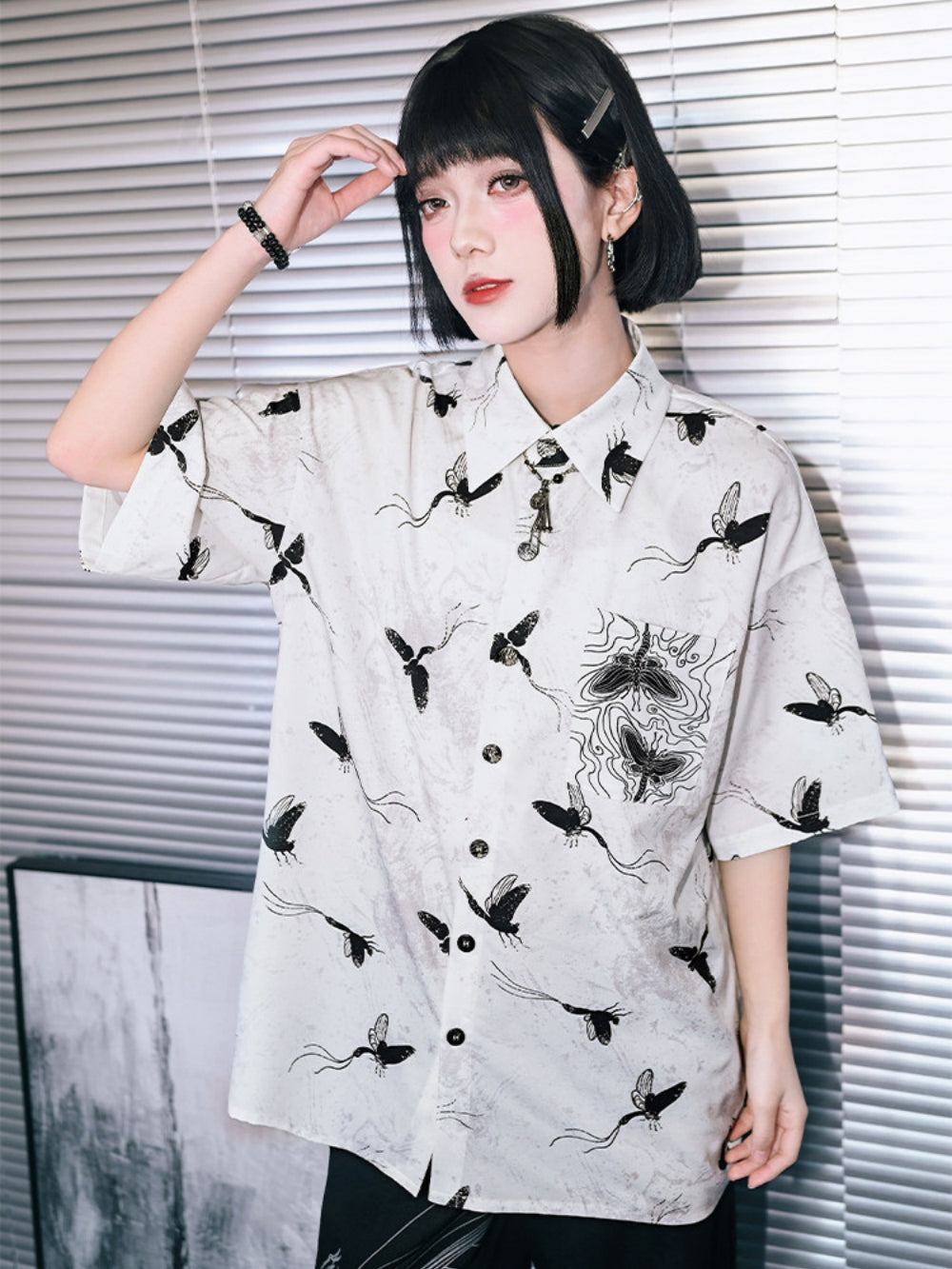 Harajuku Oversized Moth Print Button-Up Shirt