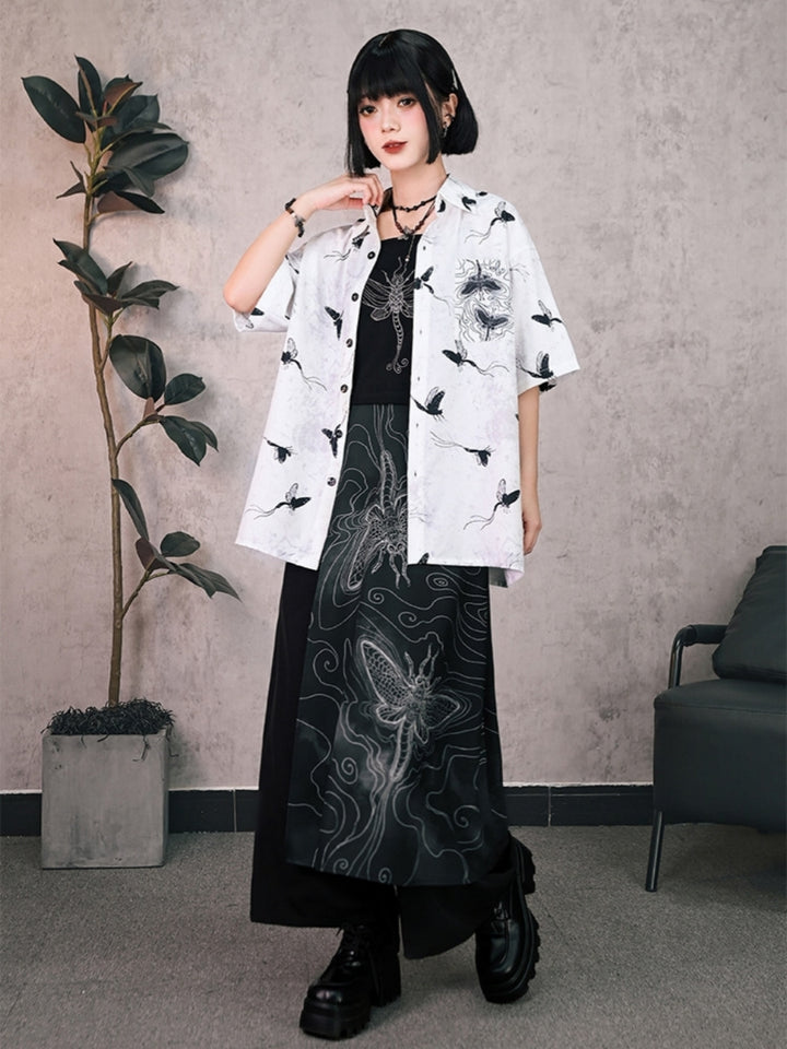 Harajuku Oversized Moth Print Button-Up Shirt