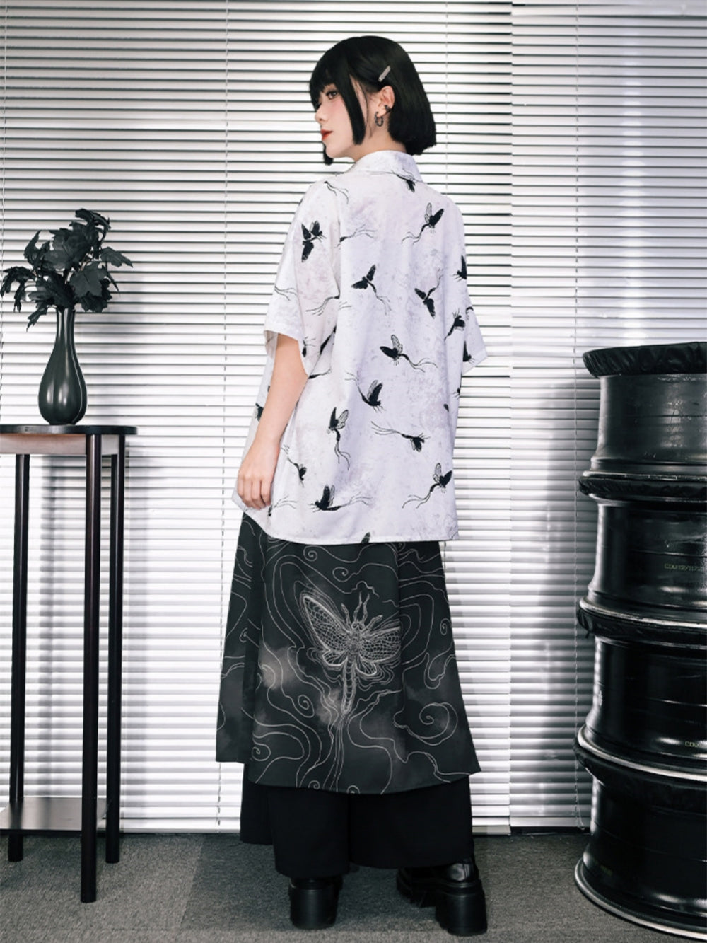 Harajuku Oversized Moth Print Button-Up Shirt