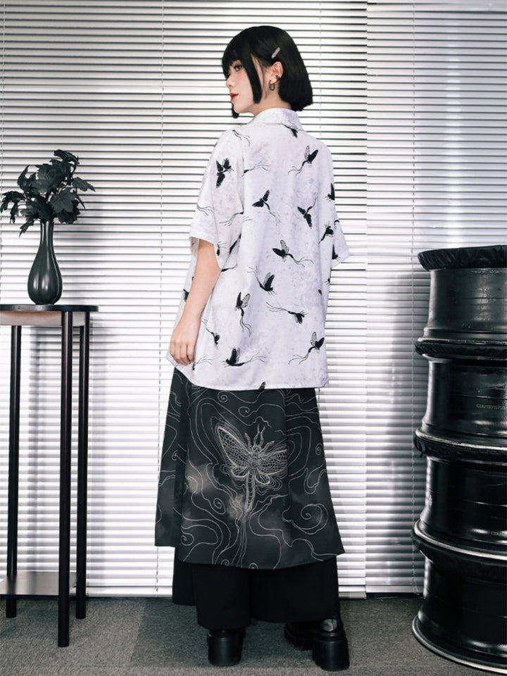 Harajuku Oversized Moth Print Button-Up Shirt
