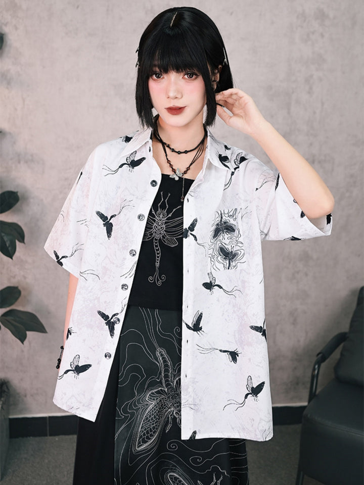 Harajuku Oversized Moth Print Button-Up Shirt