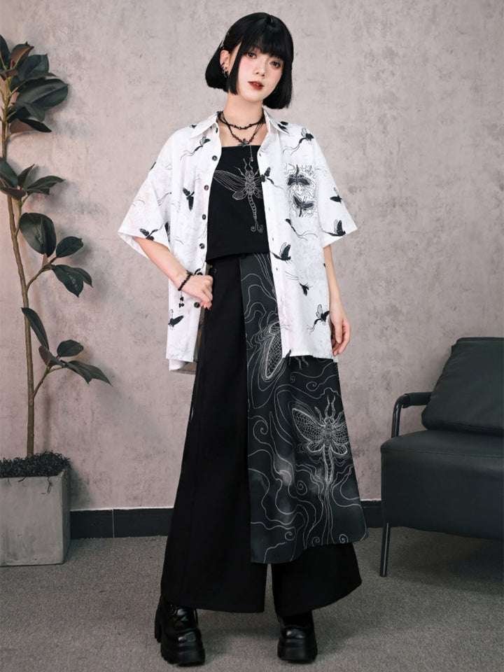 Harajuku Oversized Moth Print Button-Up Shirt