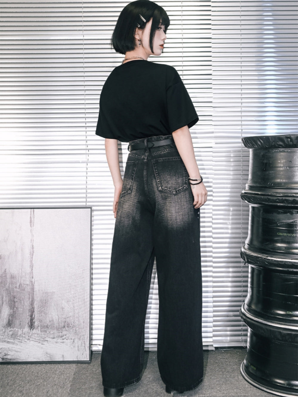 Acid Wash Distressed Wide Leg Jeans