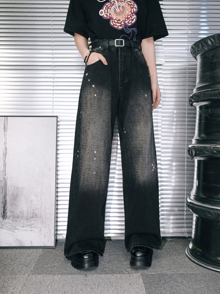 Acid Wash Distressed Wide Leg Jeans