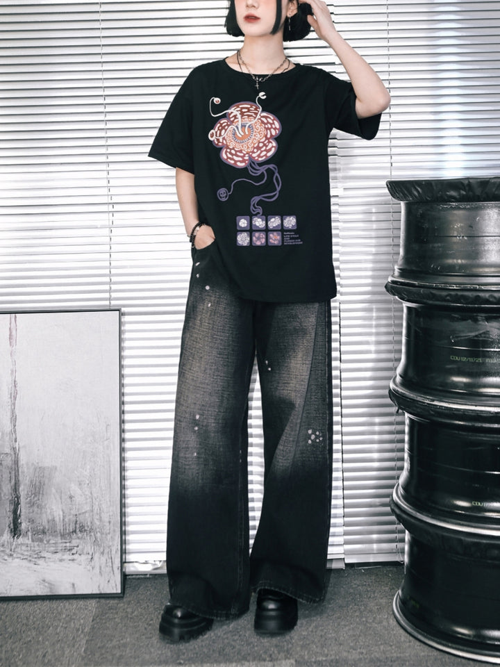Acid Wash Distressed Wide Leg Jeans