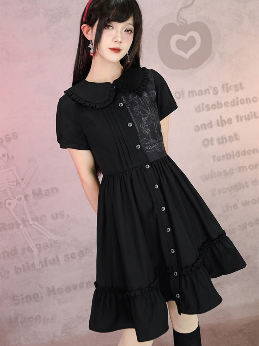 Gothic Carousel Print Pleated Smock Dress