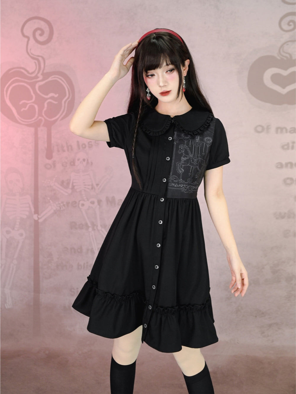 Gothic Carousel Print Pleated Smock Dress