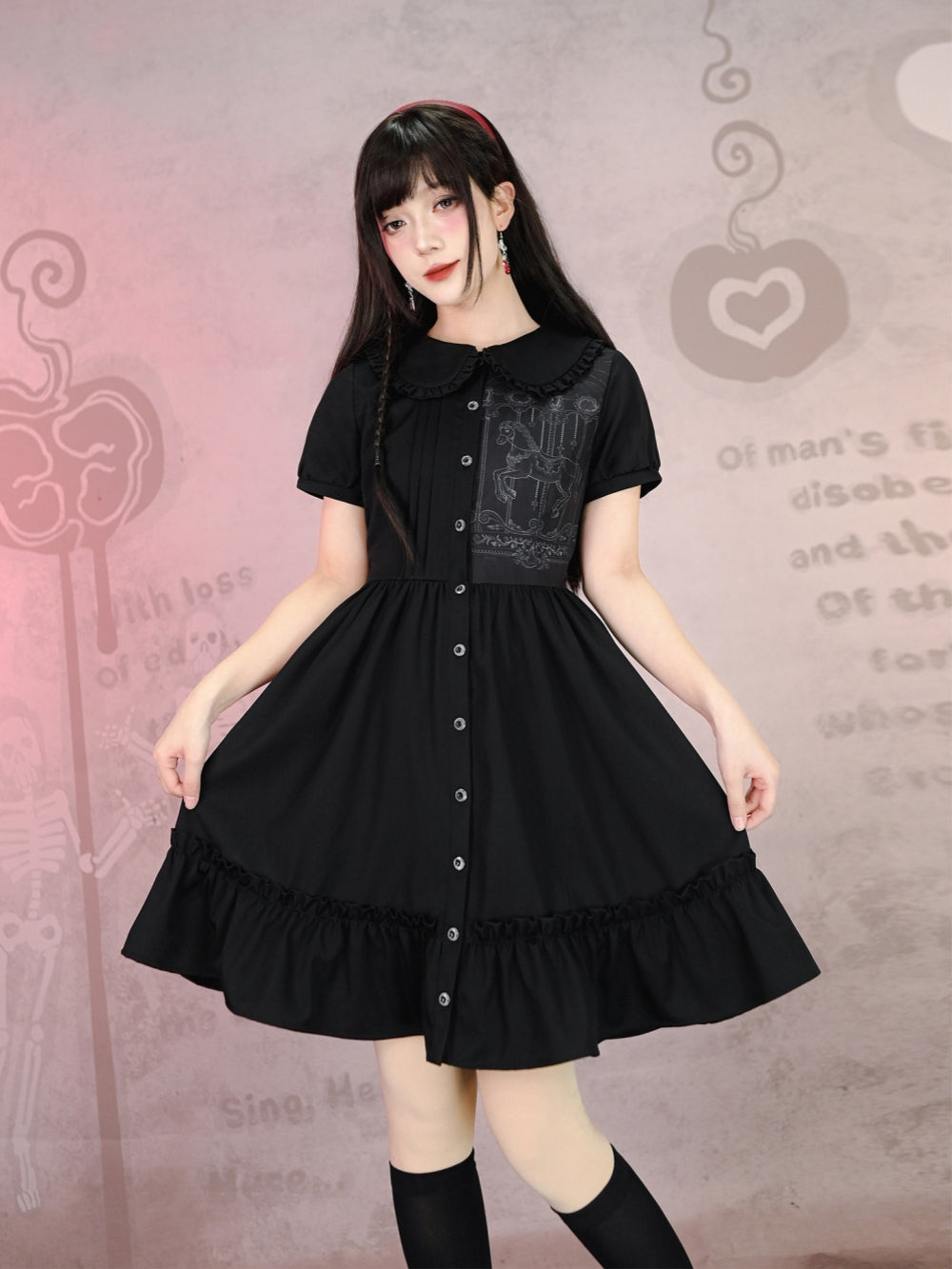 A model wearing a dark academia doll aesthetic dress featuring a carousel horse print, ruffled hem, and button-down front, styled with knee-high socks and platform Mary Janes.