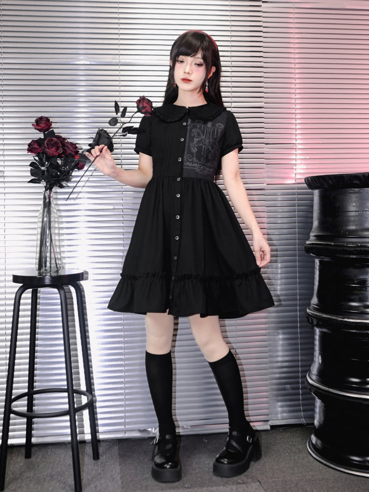 Gothic Carousel Print Pleated Smock Dress