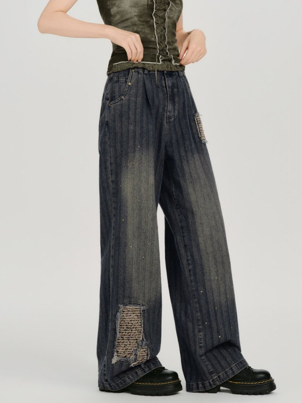 Distressed Patchwork Faded Wide Leg Jeans
