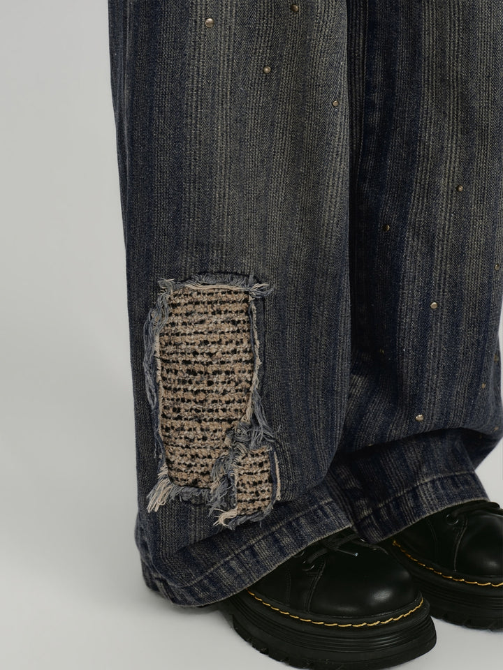Distressed Patchwork Faded Wide Leg Jeans