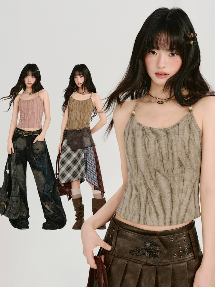 Acid Wash Textured Ruched Cami Top