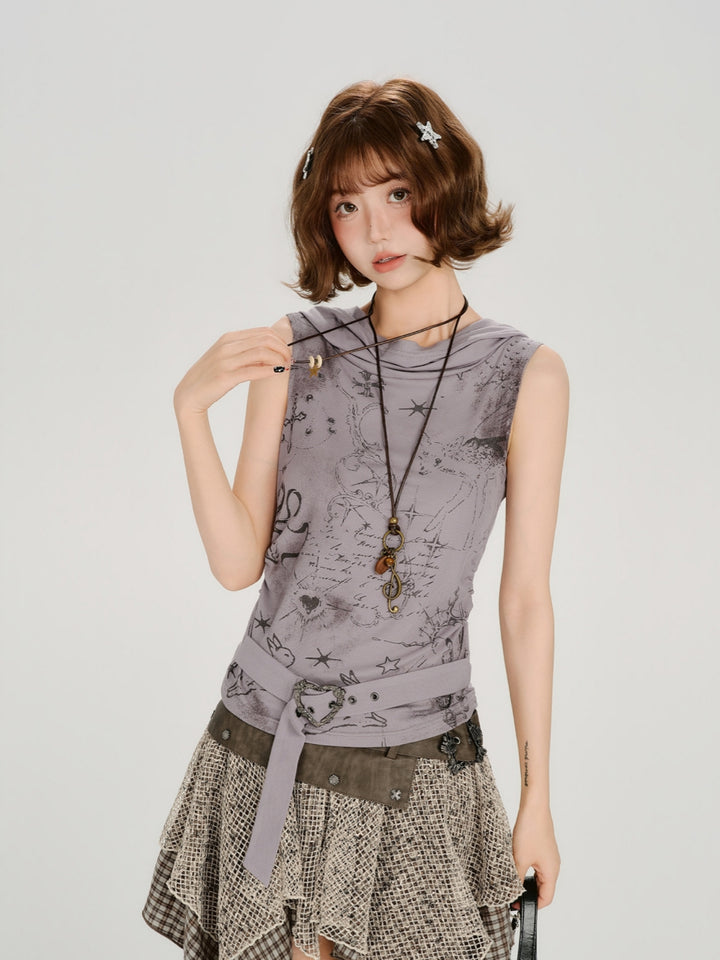 Celestial Graphic Cowl Neck Hooded Tank