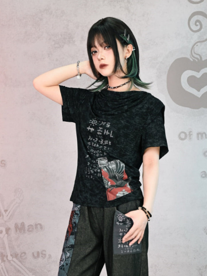 Acid Wash Totem Print Cowl Tee