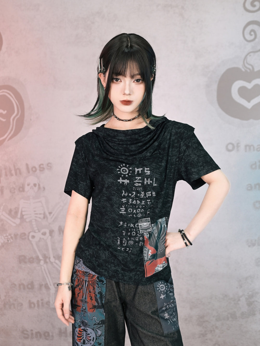 Acid Wash Totem Print Cowl Tee