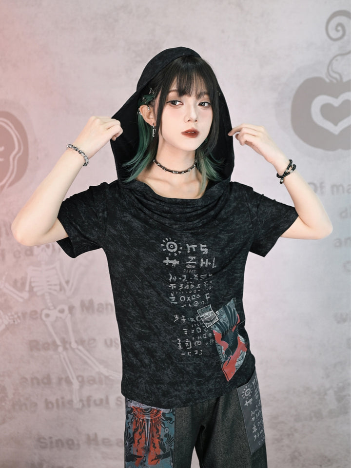 Acid Wash Totem Print Cowl Tee